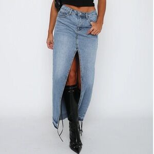 White Fox Boutique Take My Picture Denim Maxi Skirt in Blue Wash